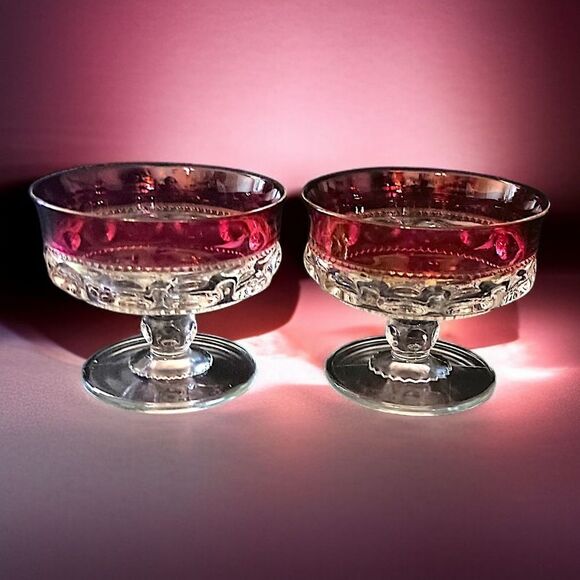 2 Kings Crown Thumbprint Sherbet Dishes Dish Set Ruby Red Flash Indiana Glass - Picture 14 of 16